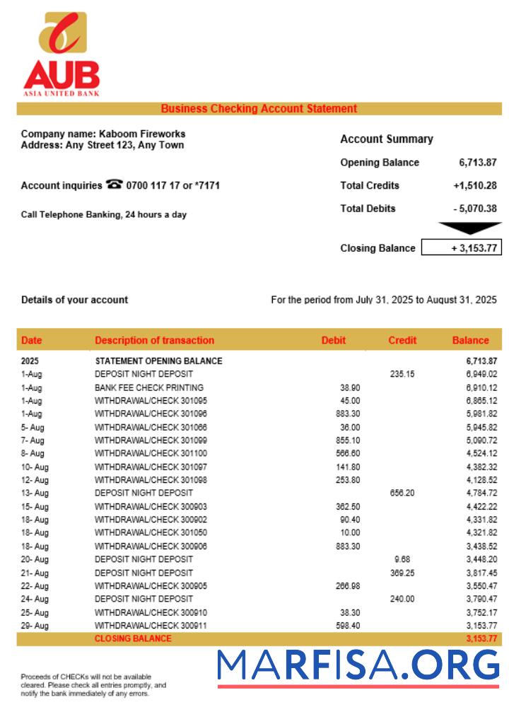 Blank Asia United Bank (AUB) company statement Word and PDF format example